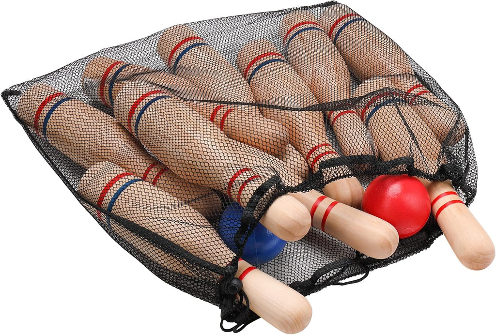 11 Pins Wooden Lawn Bowling Skittles Set with Carrying Mesh Bag V189