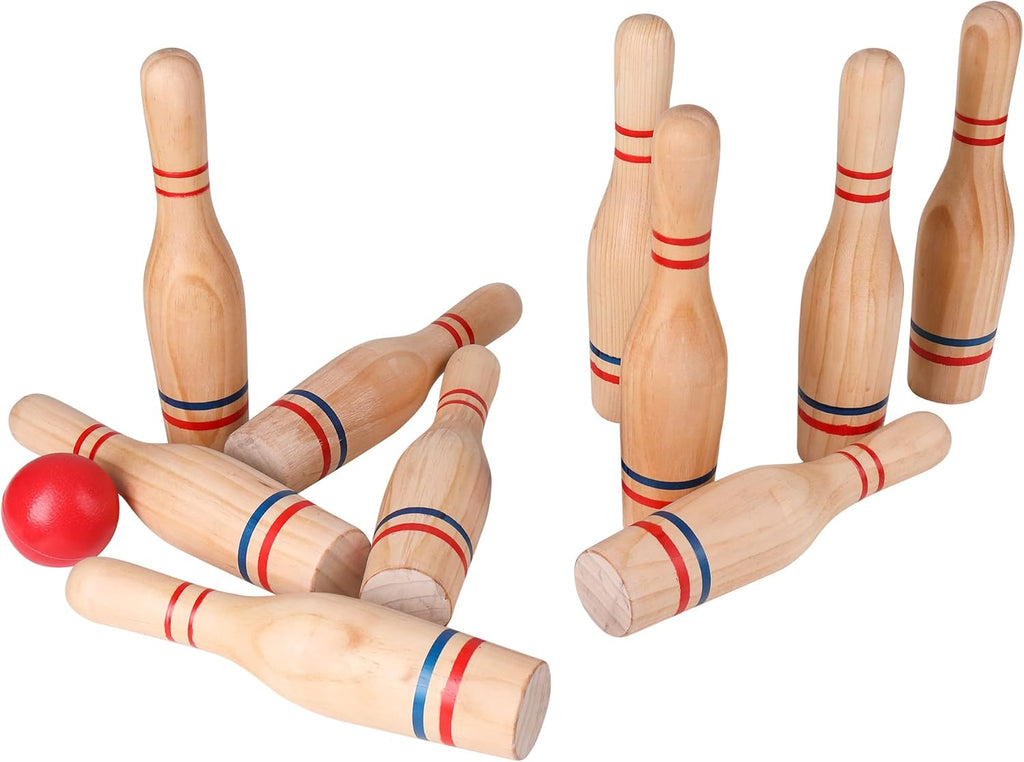 11 Pins Wooden Lawn Bowling Skittles Set with Carrying Mesh Bag V189