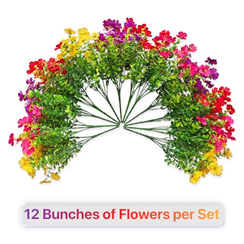 2 Sets Outdoor Artificial Flowers with 12" Hanging Basket, 24 Bunches of Faux Flowers with 2 Hanging Planters Yellow Orange Y3541