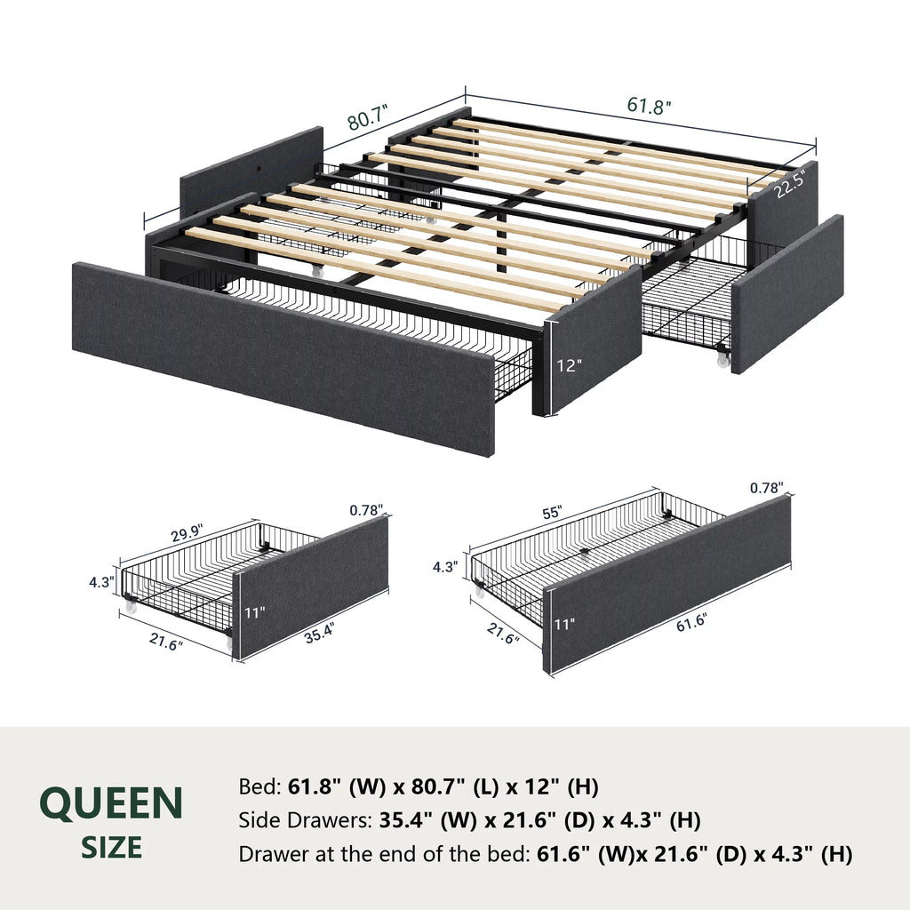 Queen Size Upholstered Platform Bed Frame with 3 Storage Drawers W702761