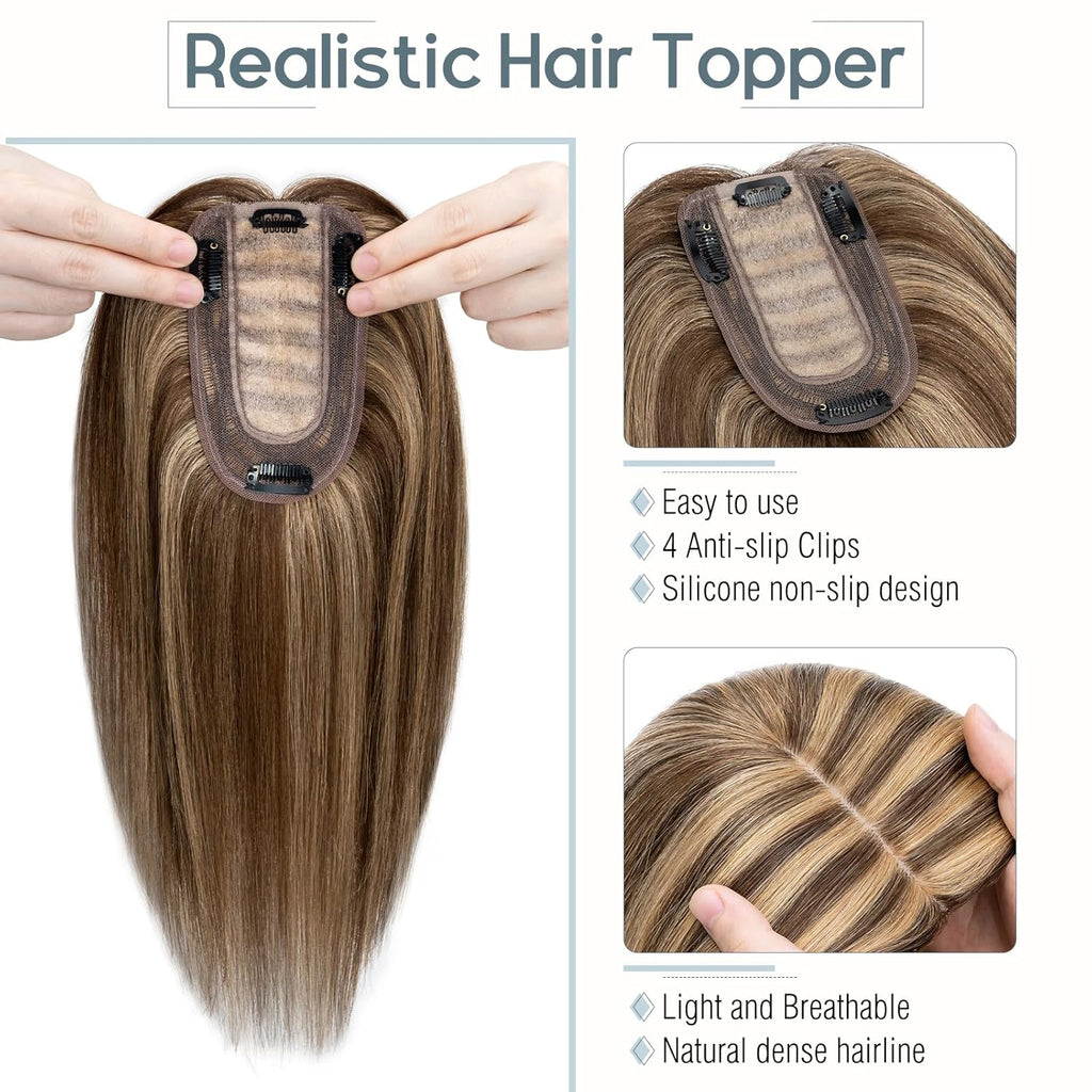 100% Real Human Hair Topper Silk Base Clip In Top Hairpieces 10 Inch 33g B1718