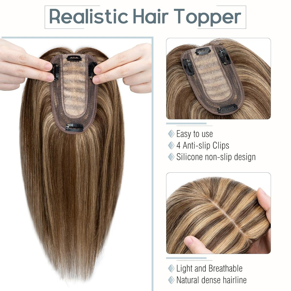 100% Real Human Hair Topper Silk Base Clip In Top Hairpieces 10 Inch 33g B1718