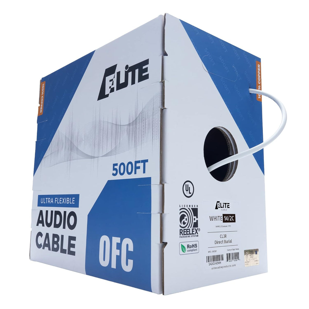 16AWG 2-Conductor 100ft White Oxygen Free Pure Bare Copper Speaker Wire Cable L363