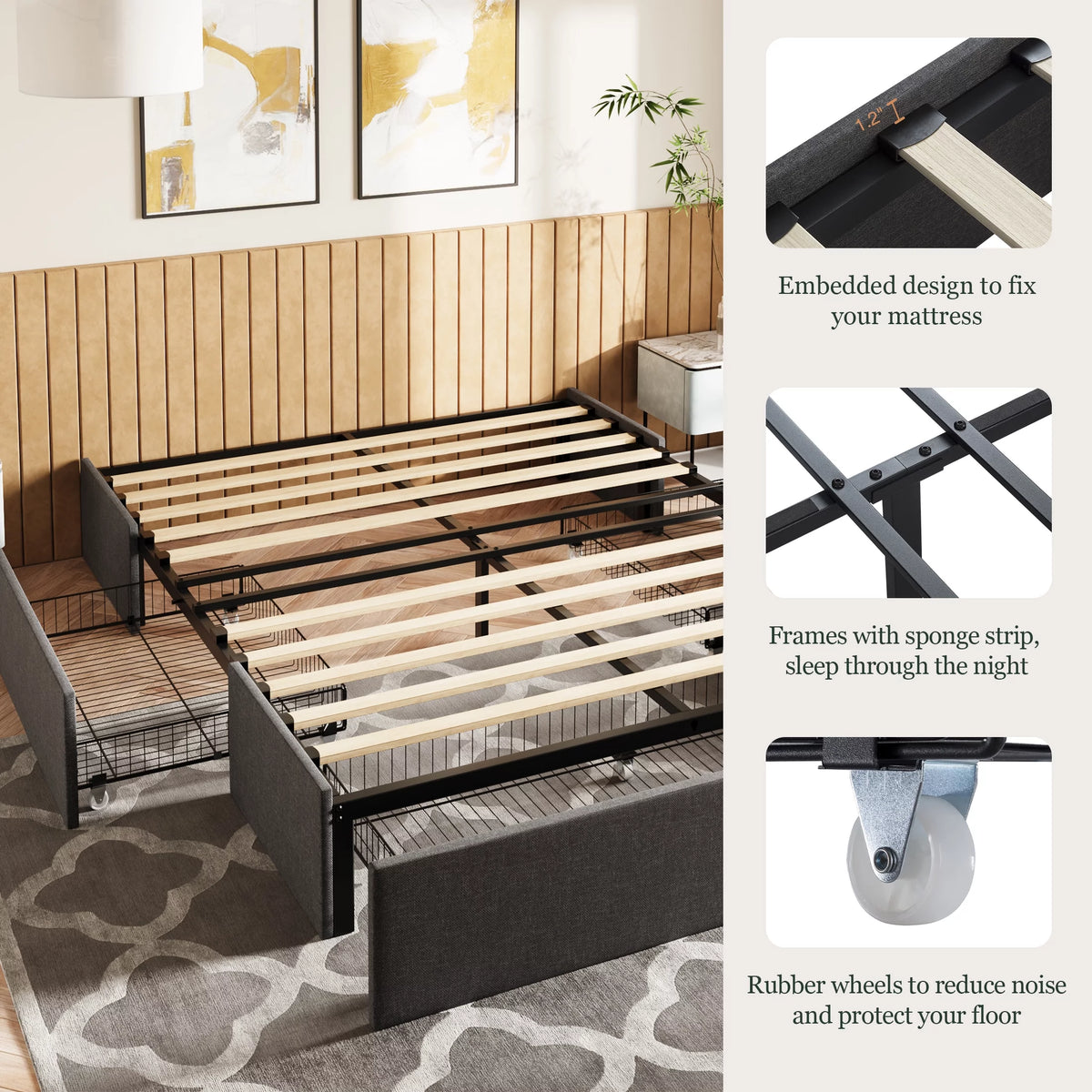 Queen Size Upholstered Platform Bed Frame with 3 Storage Drawers W702761