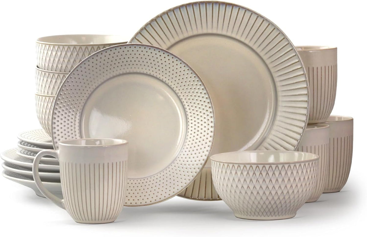16 Piece Round Stoneware Dinnerware Set in Embossed White G89351