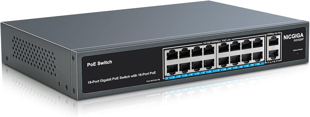 18 Port Gigabit PoE Switch with 16 Ports 1000Mbps PoE+@250W, 2 Gigabit Uplink Ports, VLAN Mode, Metal Case, Desktop/Rack Mount, Unmanaged O167