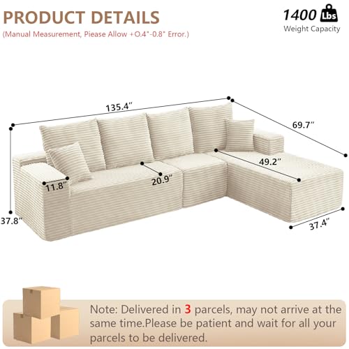 107" Modular Corduroy Sectional Sofa with Chaise Z7410