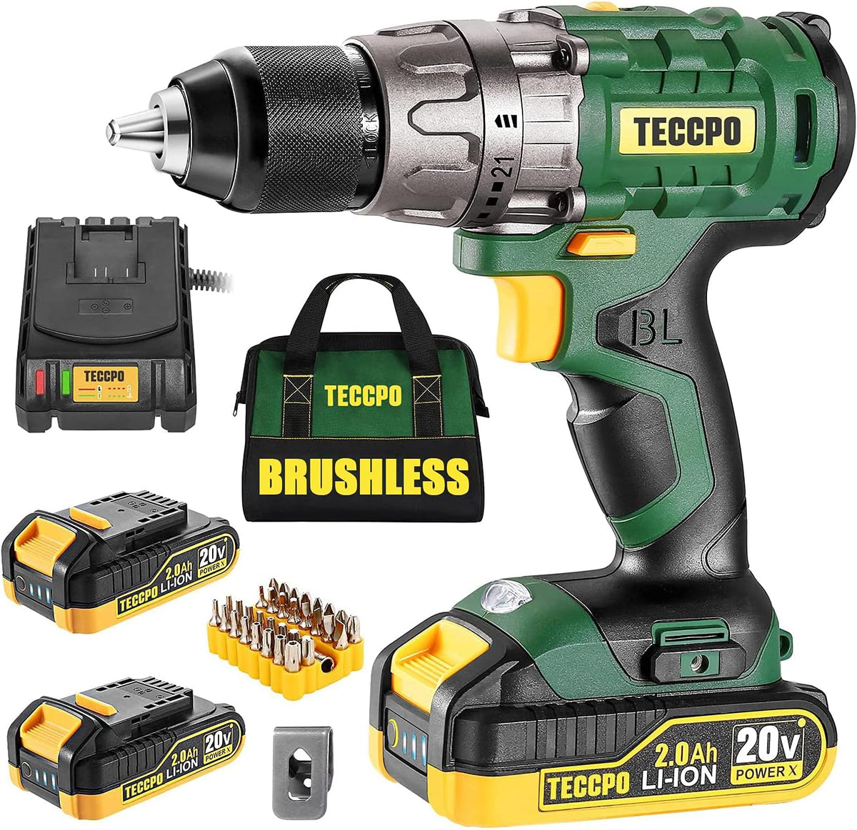 20V Brushless Cordless Drill Driver Kit with 2x 2.0Ah Batteries and Case Y346