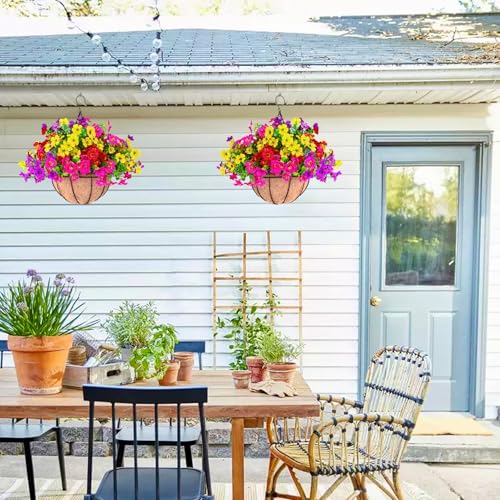 2 Sets Outdoor Artificial Flowers with 12" Hanging Basket, 24 Bunches of Faux Flowers with 2 Hanging Planters Yellow Orange Y3541