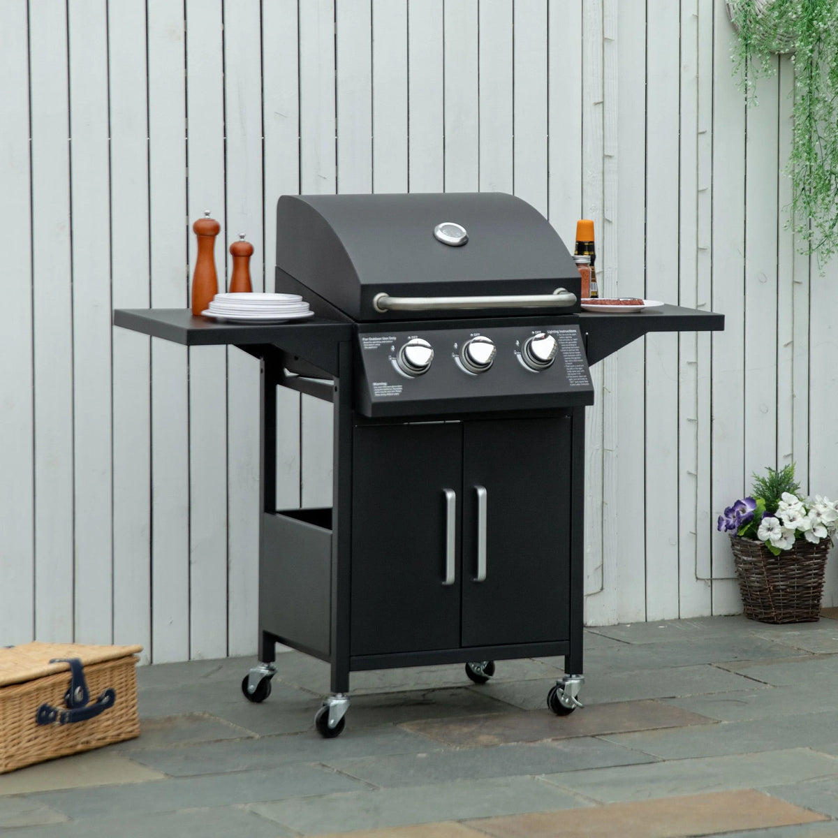 3 Burner Gas Grill with Wheels, Storage Shelves, Thermometer, Black Z33081
