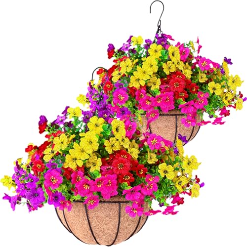 2 Sets Outdoor Artificial Flowers with 12" Hanging Basket, 24 Bunches of Faux Flowers with 2 Hanging Planters Yellow Orange Y3541