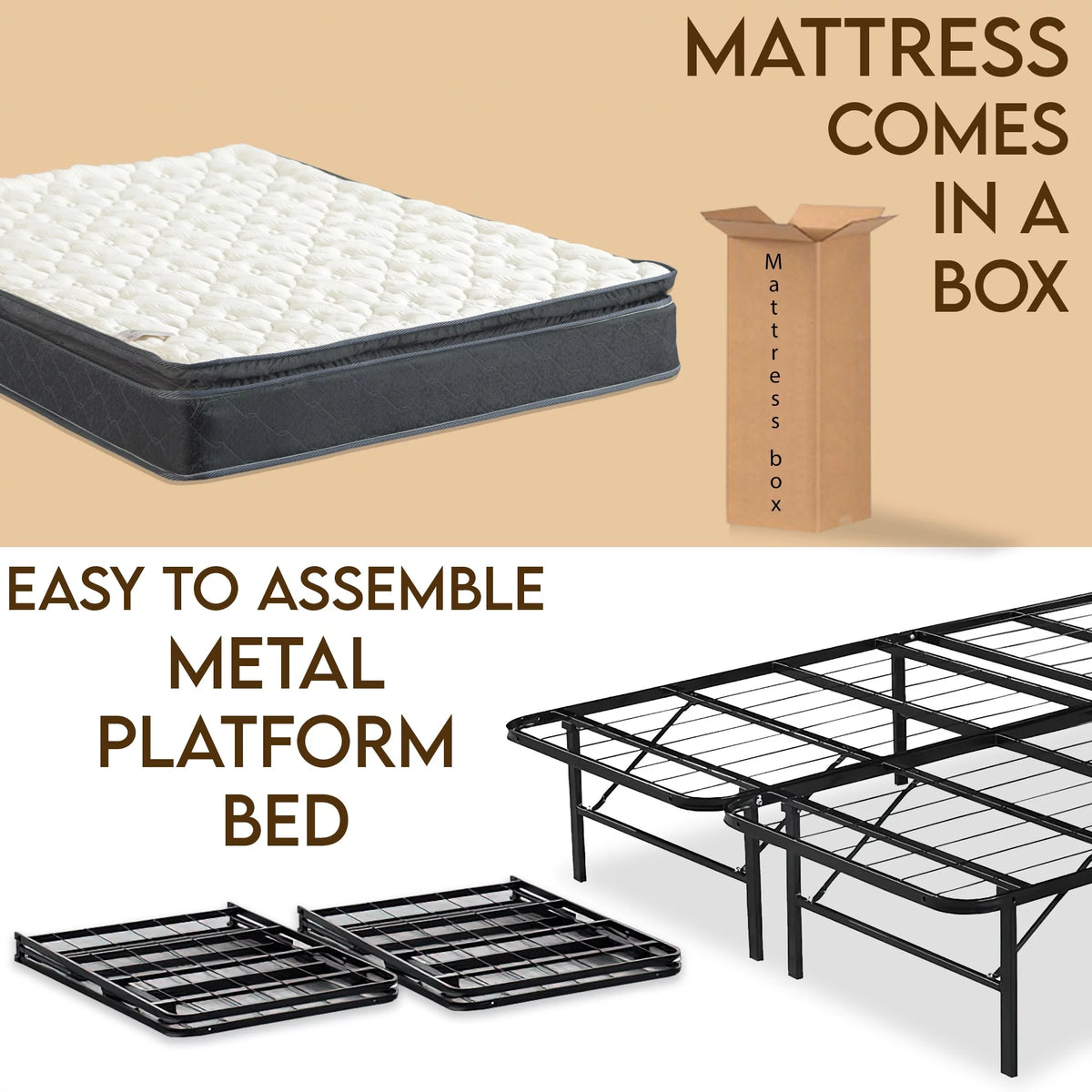 10-Inch Medium Pillow Top Hybrid Mattress and 14 Metal Platform Bed King O258