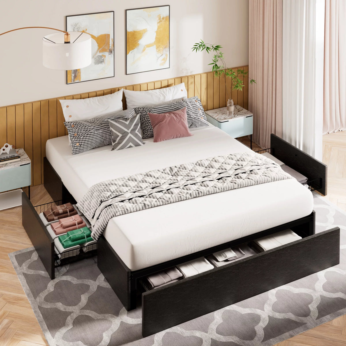 Queen Size Upholstered Platform Bed Frame with 3 Storage Drawers W702761