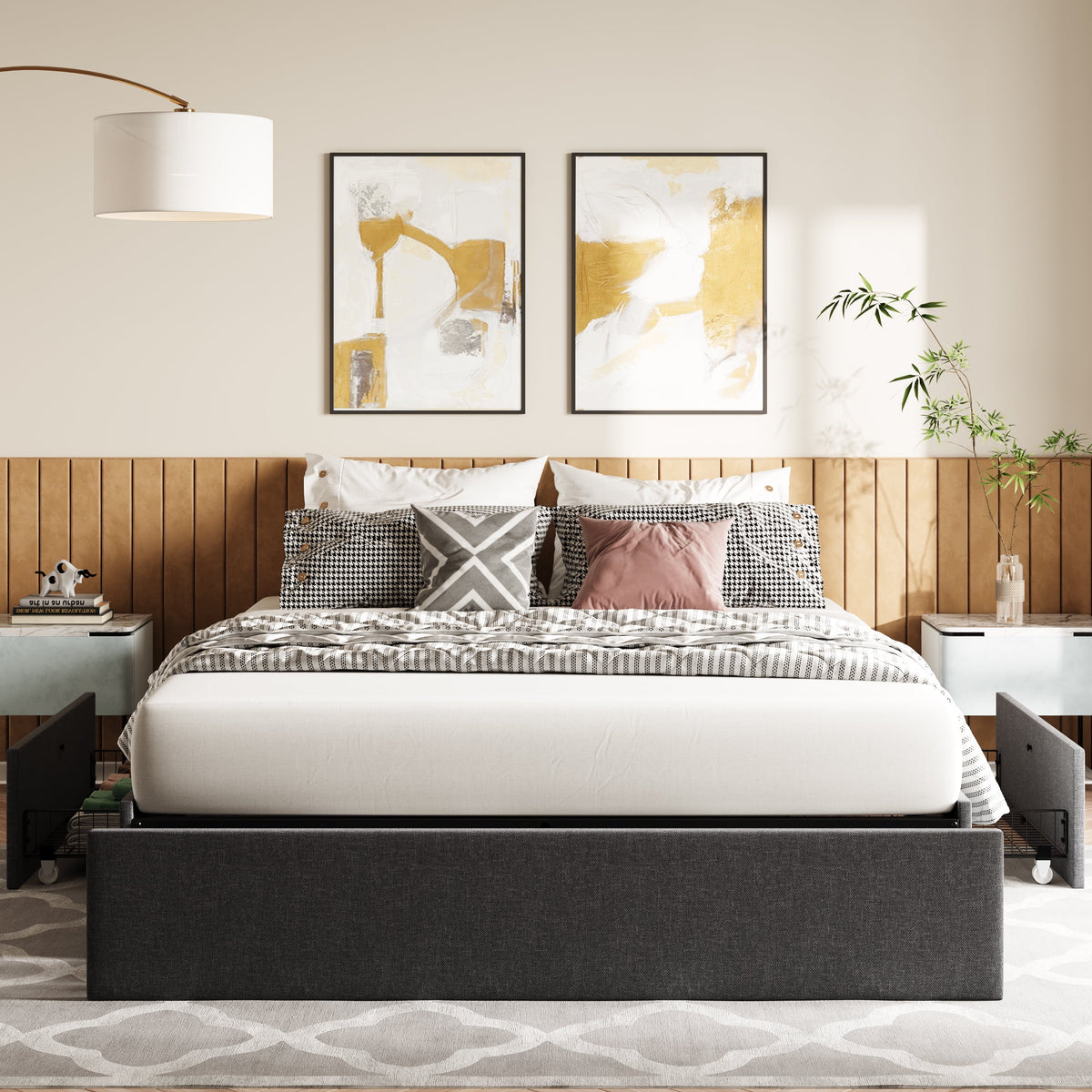 Queen Size Upholstered Platform Bed Frame with 3 Storage Drawers W702761