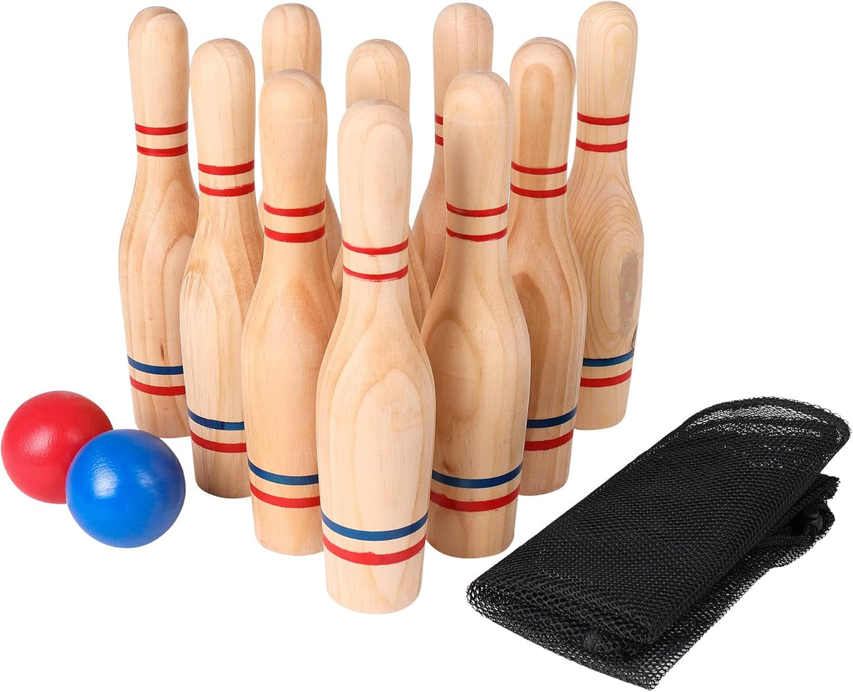 11 Pins Wooden Lawn Bowling Skittles Set with Carrying Mesh Bag V189