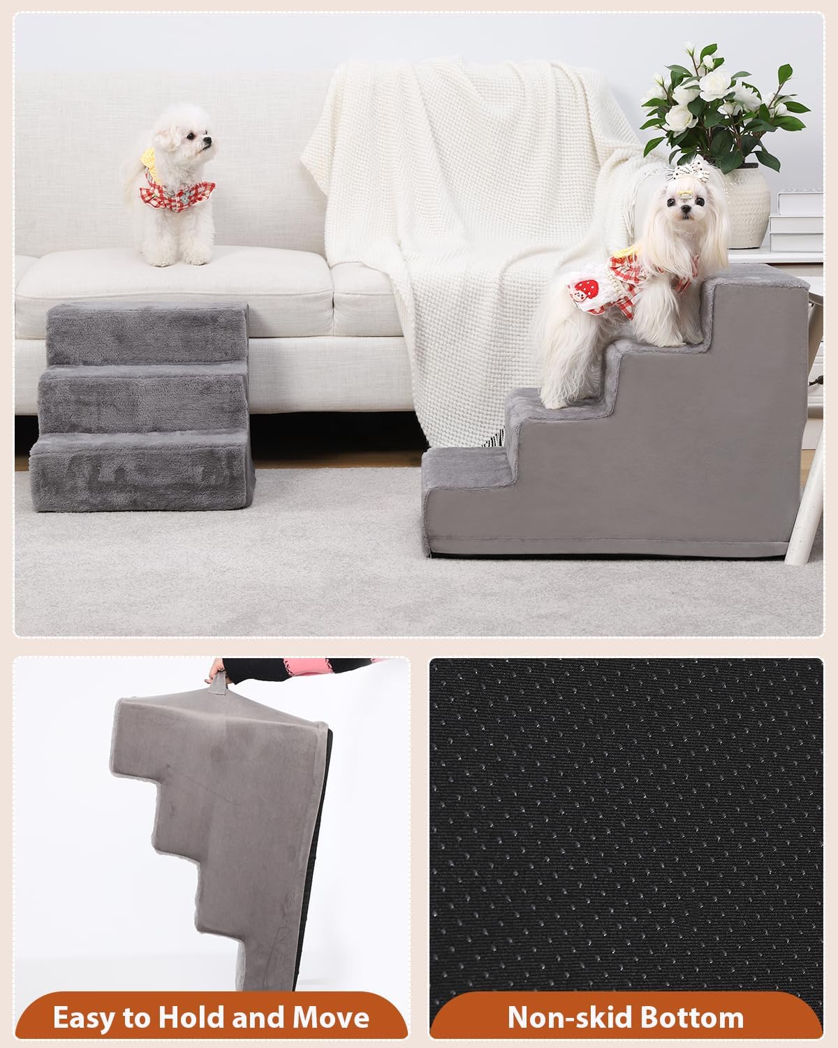 22.5’’ 5-Step Grey Pet Stairs with Non-Slip Bottom and High-Density Foam C2925