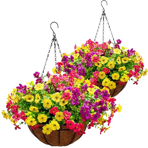 2 Sets Outdoor Artificial Flowers with 12" Hanging Basket, 24 Bunches of Faux Flowers with 2 Hanging Planters Yellow Orange Y3541