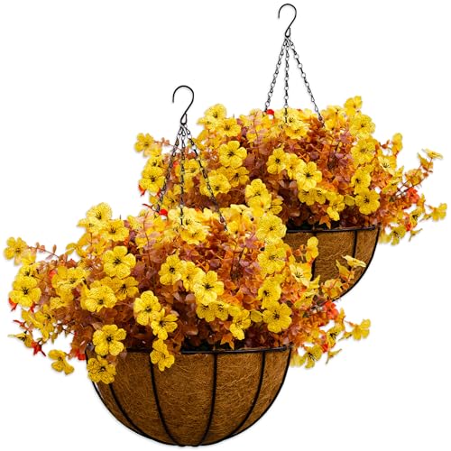 2 Sets Outdoor Artificial Flowers with 12" Hanging Basket, 24 Bunches of Faux Flowers with 2 Hanging Planters Yellow Orange Y3541