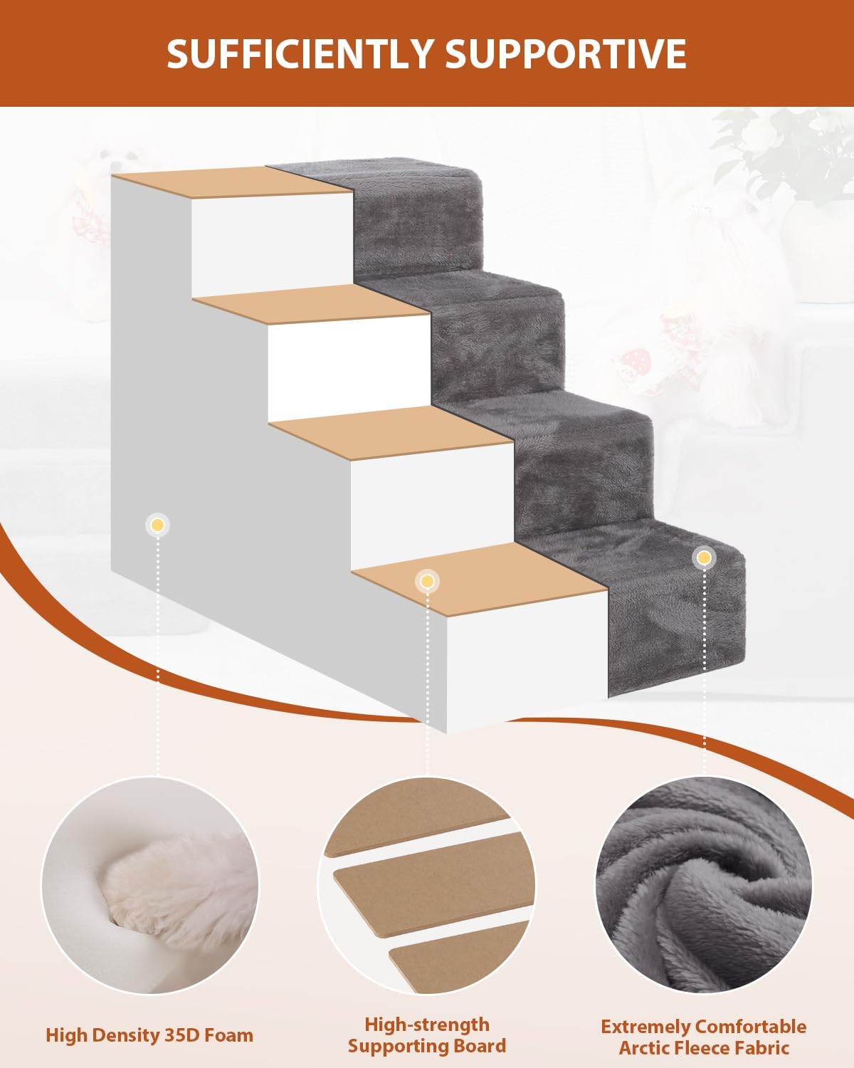 22.5’’ 5-Step Grey Pet Stairs with Non-Slip Bottom and High-Density Foam C2925