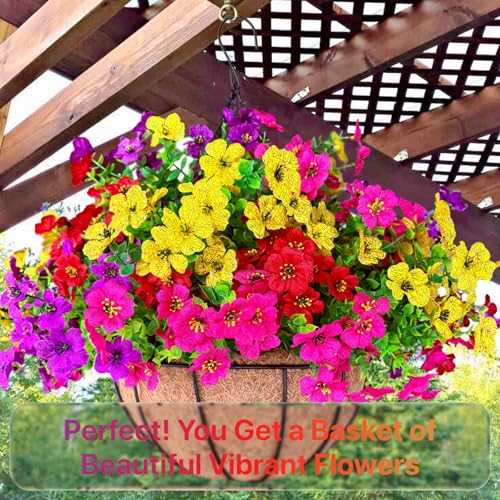 2 Sets Outdoor Artificial Flowers with 12" Hanging Basket, 24 Bunches of Faux Flowers with 2 Hanging Planters Yellow Orange Y3541