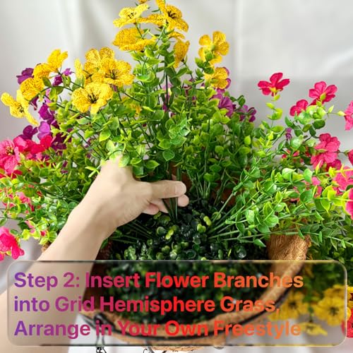 2 Sets Outdoor Artificial Flowers with 12" Hanging Basket, 24 Bunches of Faux Flowers with 2 Hanging Planters Yellow Orange Y3541