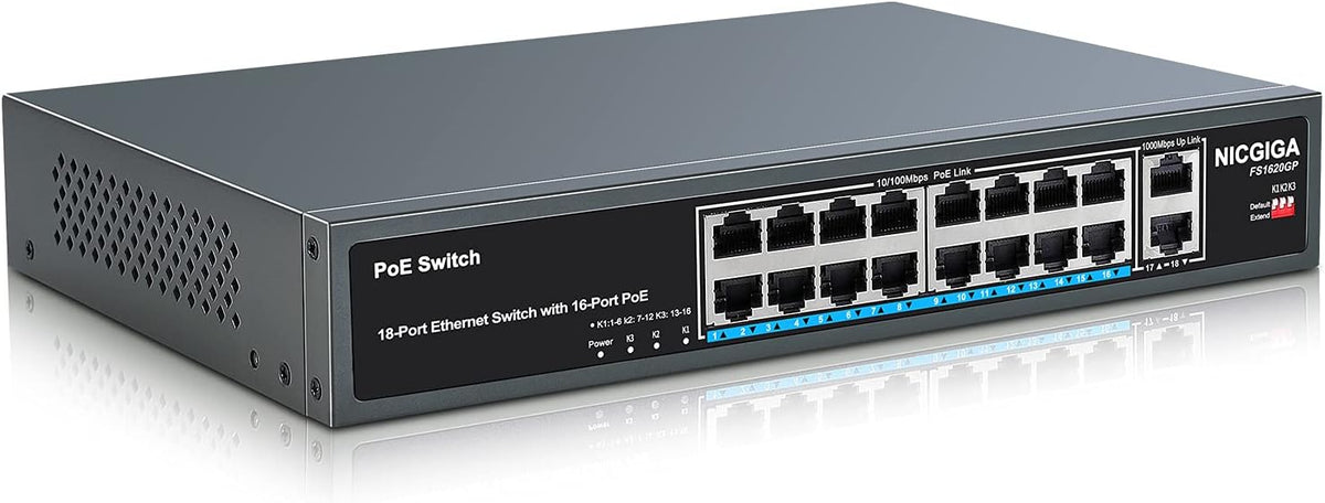 18 Port Gigabit PoE Switch with 16 Ports 1000Mbps PoE+@250W, 2 Gigabit Uplink Ports, VLAN Mode, Metal Case, Desktop/Rack Mount, Unmanaged O167
