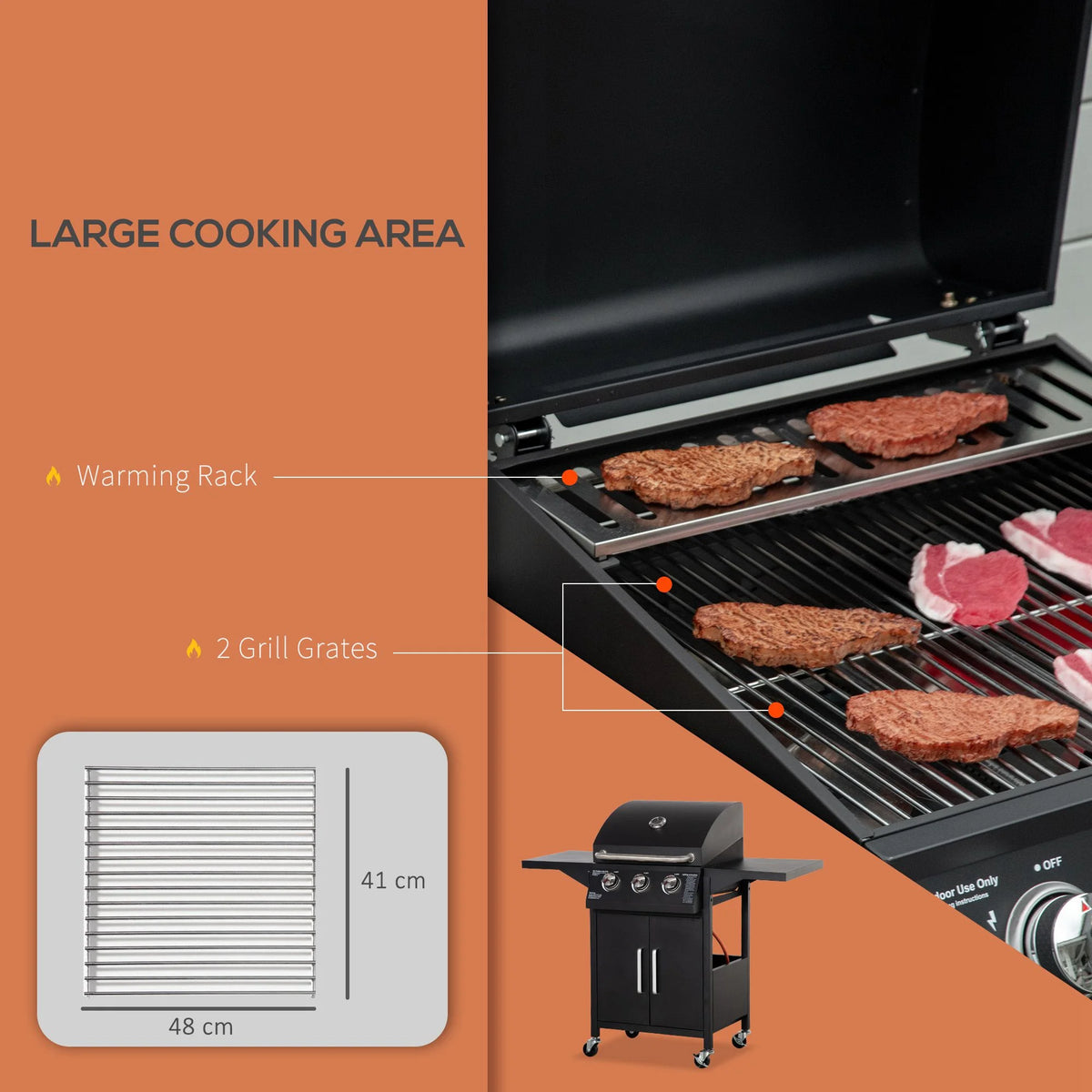 3 Burner Gas Grill with Wheels, Storage Shelves, Thermometer, Black Z33081