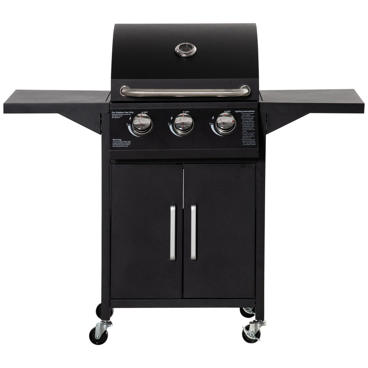 3 Burner Gas Grill with Wheels, Storage Shelves, Thermometer, Black Z33081