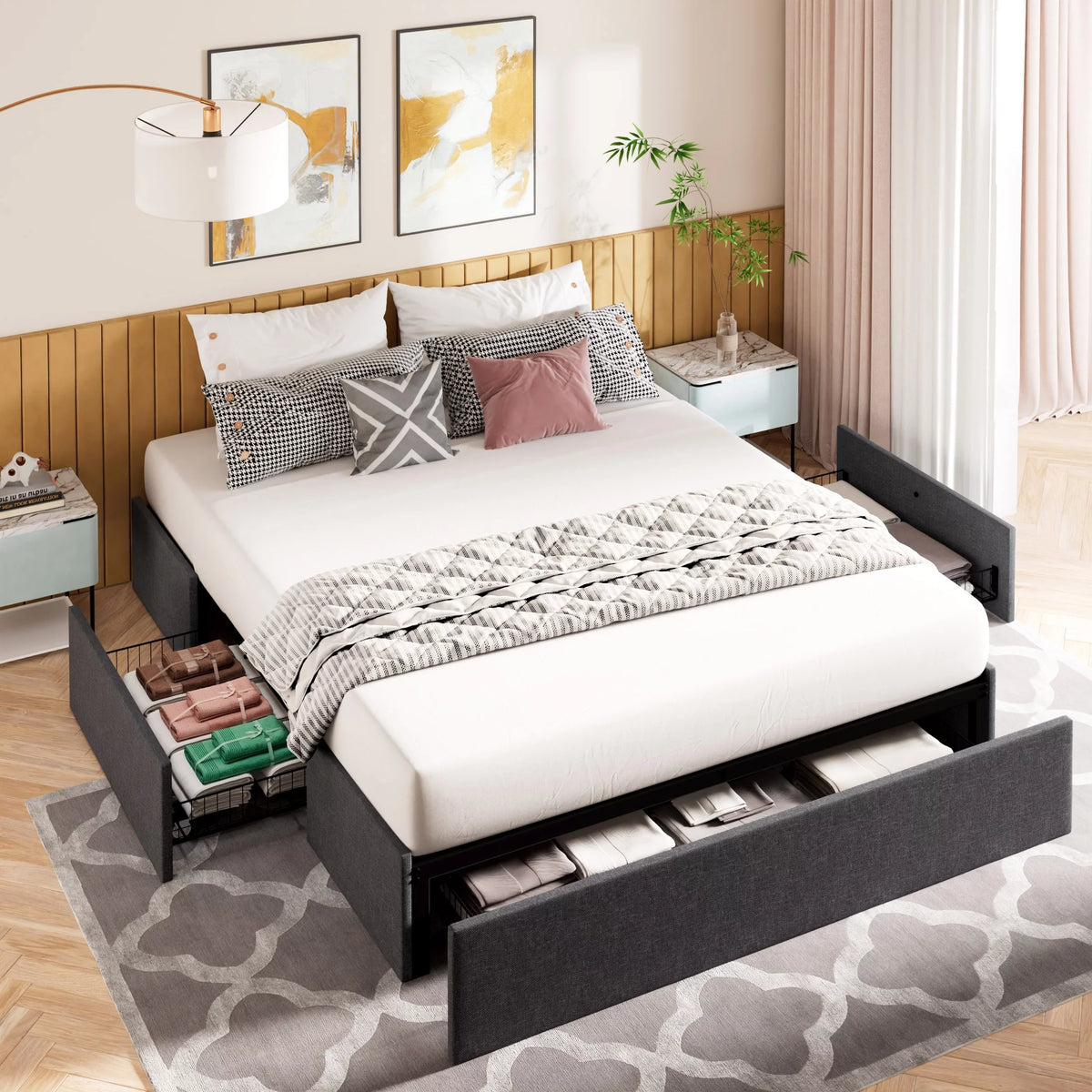 Queen Size Upholstered Platform Bed Frame with 3 Storage Drawers W702761