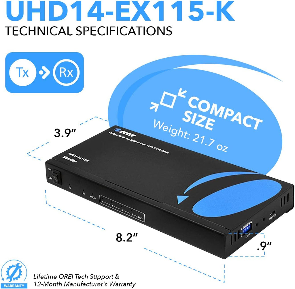 1x4 HDMI Extender Splitter 4K over Single Cable CAT6/7 4K@60Hz HDCP 2.2 with IR Remote EDID Management D277848
