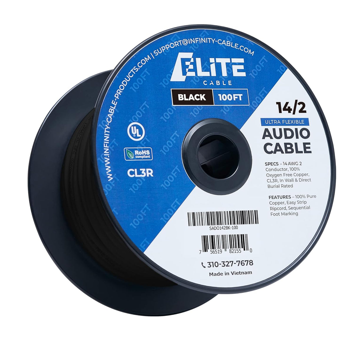 16AWG 2-Conductor 100ft White Oxygen Free Pure Bare Copper Speaker Wire Cable L363