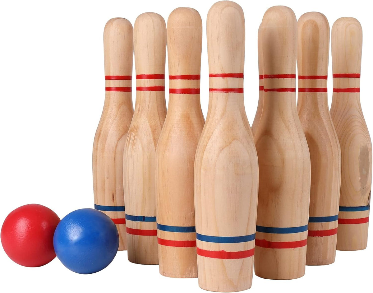 11 Pins Wooden Lawn Bowling Skittles Set with Carrying Mesh Bag V189