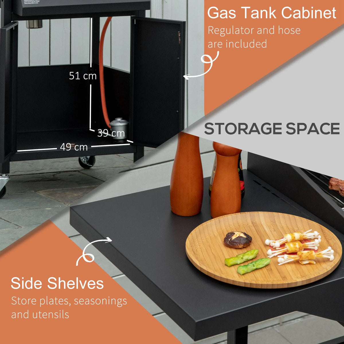 3 Burner Gas Grill with Wheels, Storage Shelves, Thermometer, Black Z33081