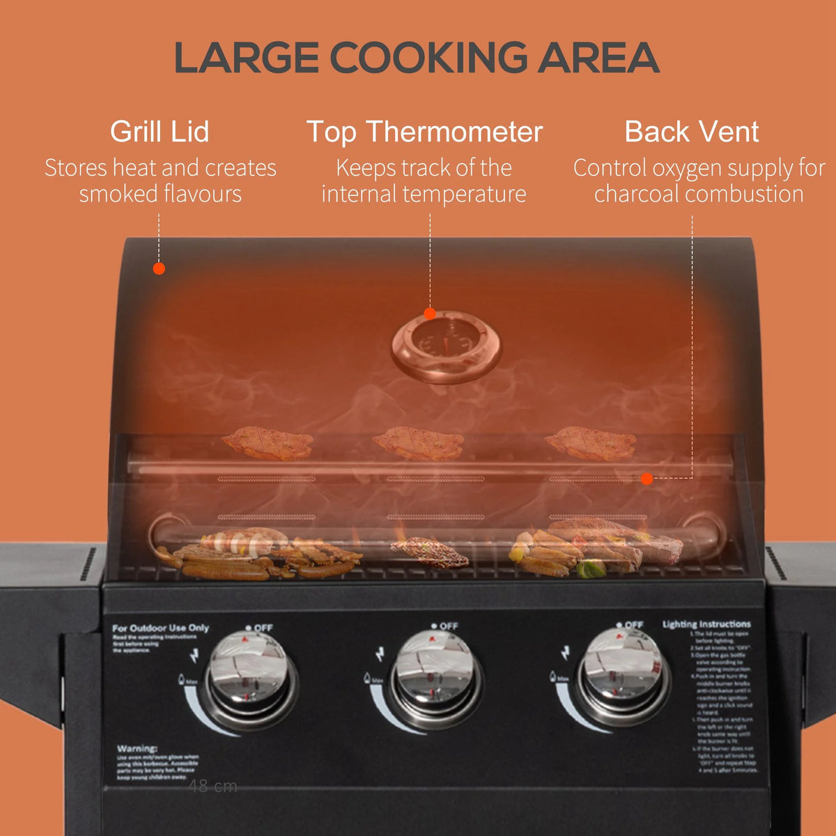 3 Burner Gas Grill with Wheels, Storage Shelves, Thermometer, Black Z33081